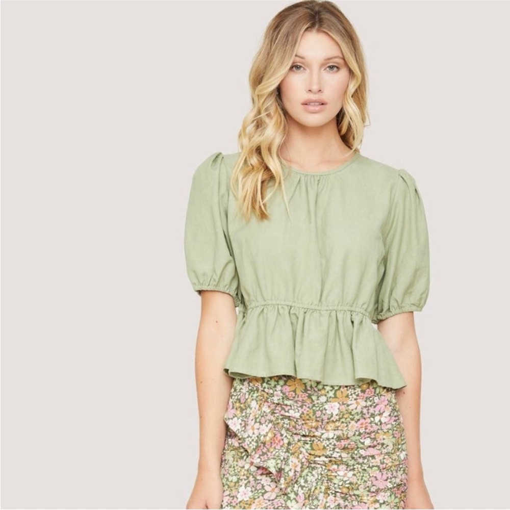 Lost + wander linen sage peplum blouse